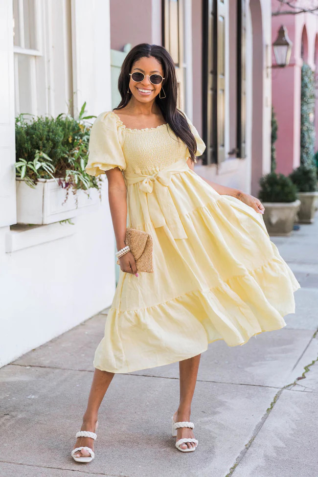 Looking For Perfection Yellow Puff Sleeve Midi Dress FINAL SALE | The Pink Lily Boutique