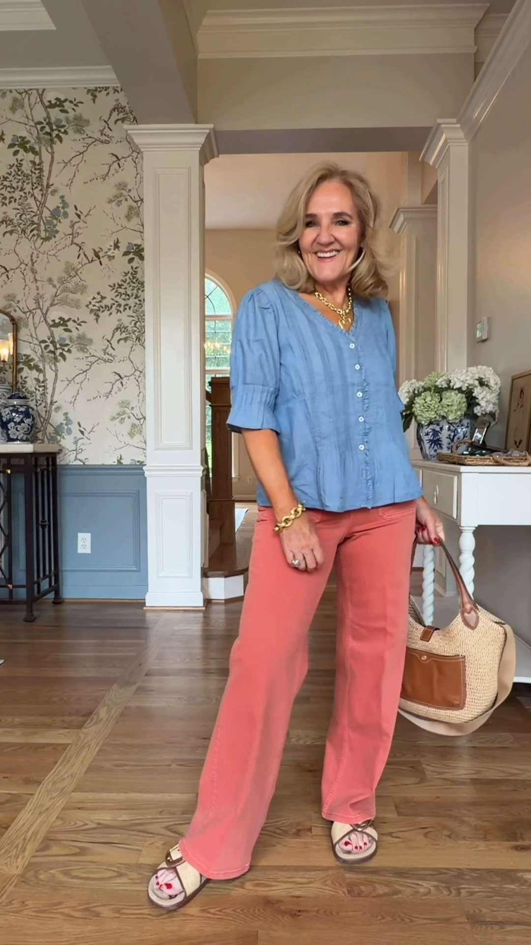 This combination just feels happy.

The soft chambray-style blouse paired with colorful pants creates that perfect mix of classic and playful. It's easy to wear, comfortable all day, and a fun way to add color without stepping too far outside your comfort zone. 🫶🏻 

 #LTKootd #LTKSeasonal #LTKSaleAlert