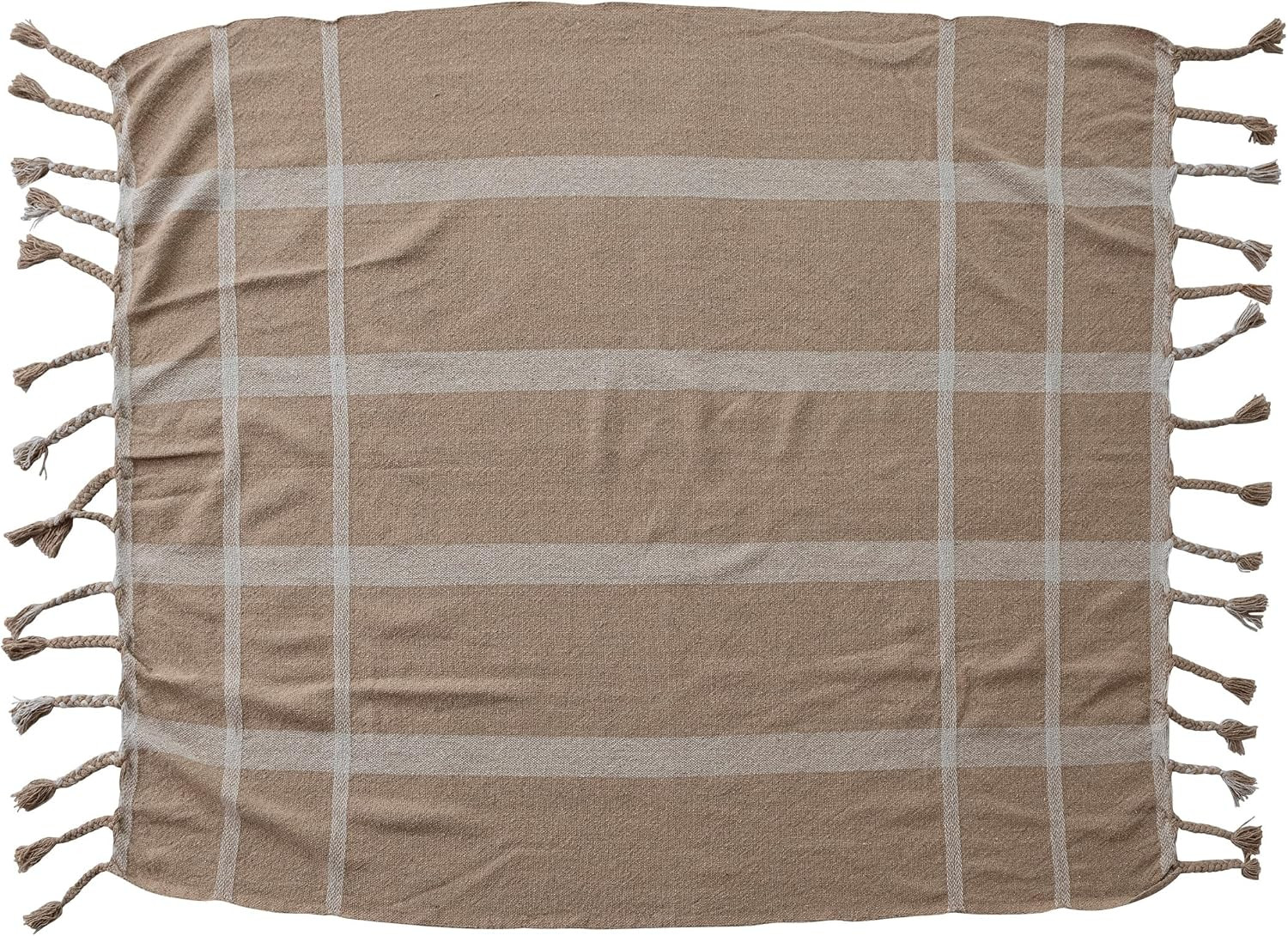 Creative Co-Op Woven Cotton Blend Striped Throw with Braided Fringe, Beige and Natural | Amazon (US)