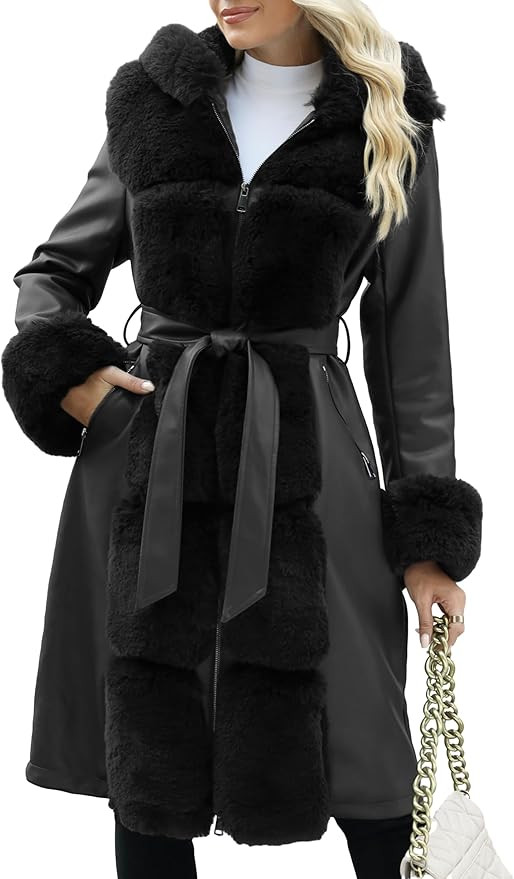 Bellivera Women's Wool Pea Coat Faux Fur Jacket Winter Warm Parka Overcoat with Belt | Amazon (US)