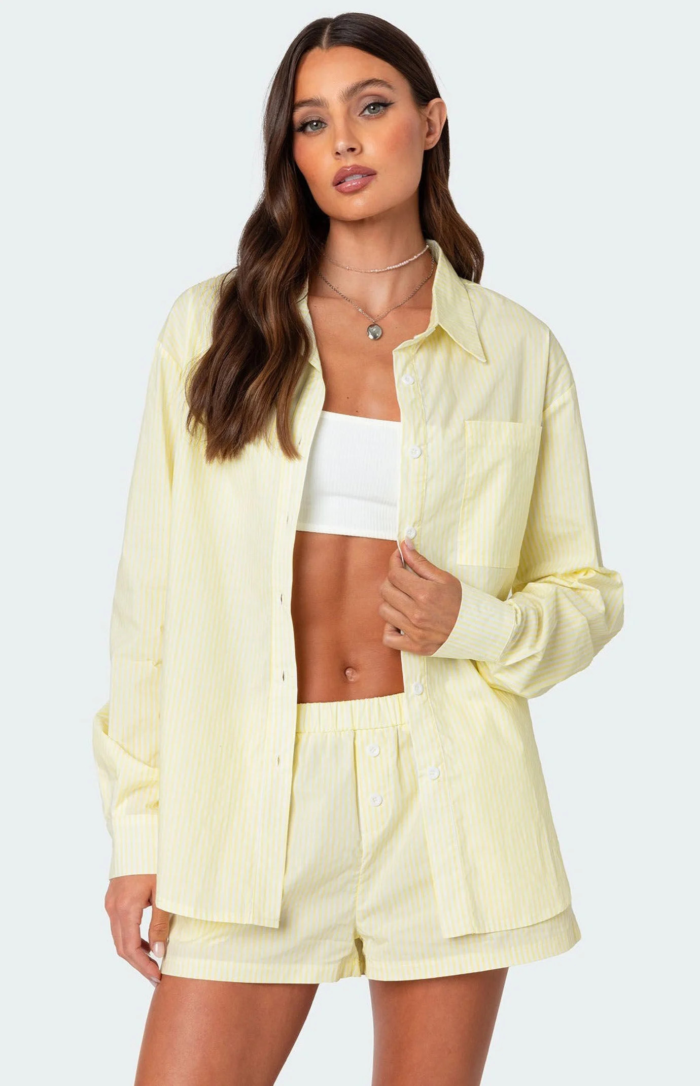 Edikted Women's Oversized Pinstripe Button Up Shirt in Yellow - Size Medium | PacSun