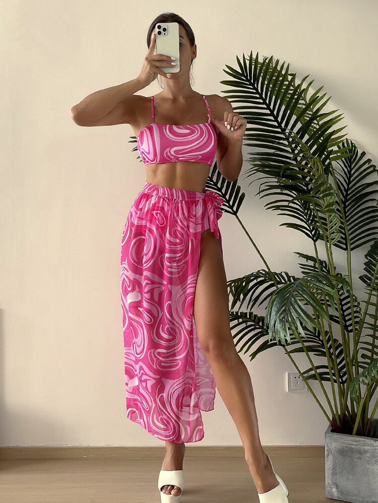 Allover Print High Waisted Bikini Swimsuit With Beach Skirt | SHEIN