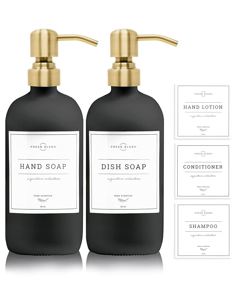 Vine Creations Black Glass Soap Dispenser, 2 Pack Kitchen Soap Dispenser Set with Stainless Steel... | Amazon (US)