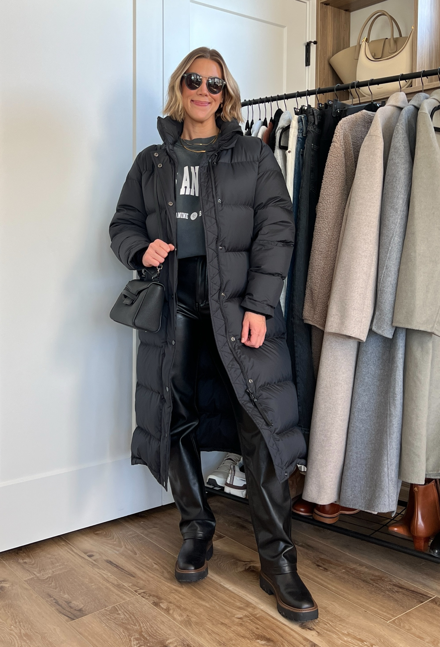 Wearing 26/regular leather pants, large graphic sweatshirt, small puffer coat, boots tts

#LTKfindsunder50 #LTKfindsunder100 #LTKstyletip