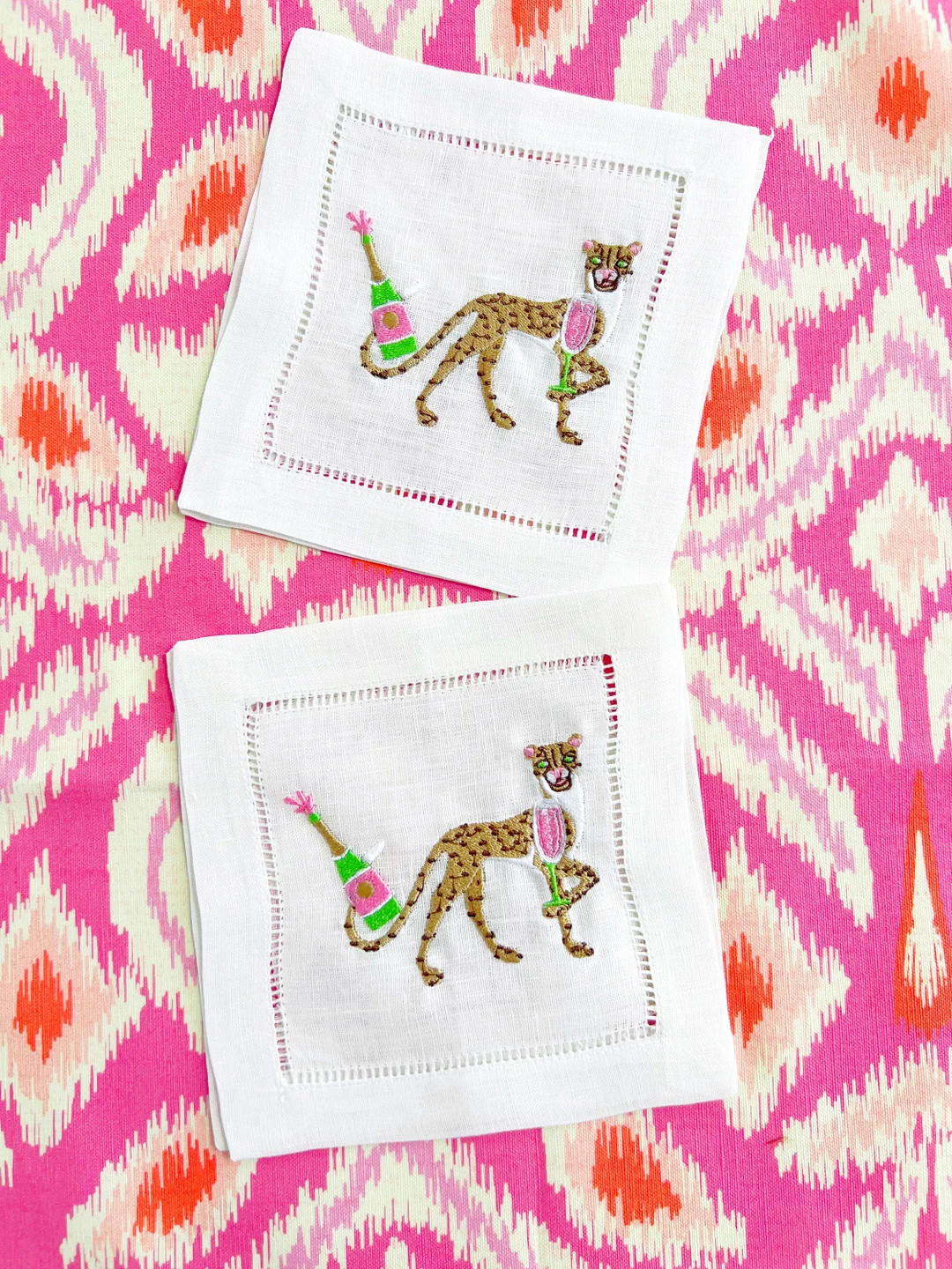 Cheetah champagne cocktail napkins hemstitched linen . 6x6. Set of 4. Pink and green | Etsy (US)