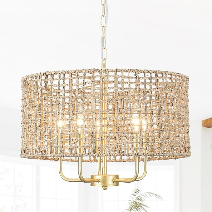 Hand Woven Rattan Chandelier 5 Lights Large Gold Farmhouse Chandelier with Wicker Shade Rustic Bo... | Amazon (US)