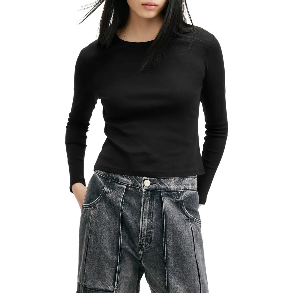 AllSaints Stevie Long Sleeve Organic Cotton T-Shirt in Black at Nordstrom, Size Small | Nordstrom