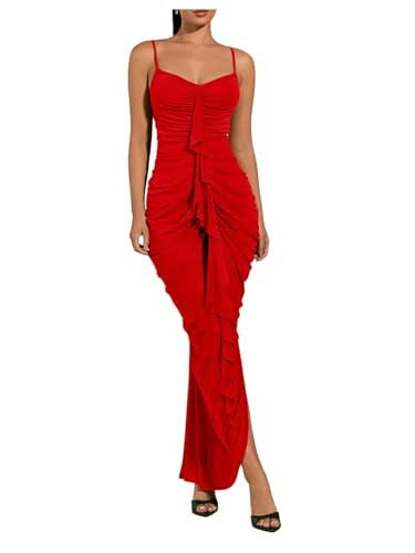 Amazon.com: Floerns Women's Ruffle Ruched Cami Dress Draped Split Elegant Bodycon Maxi Dresses Ye... | Amazon (US)
