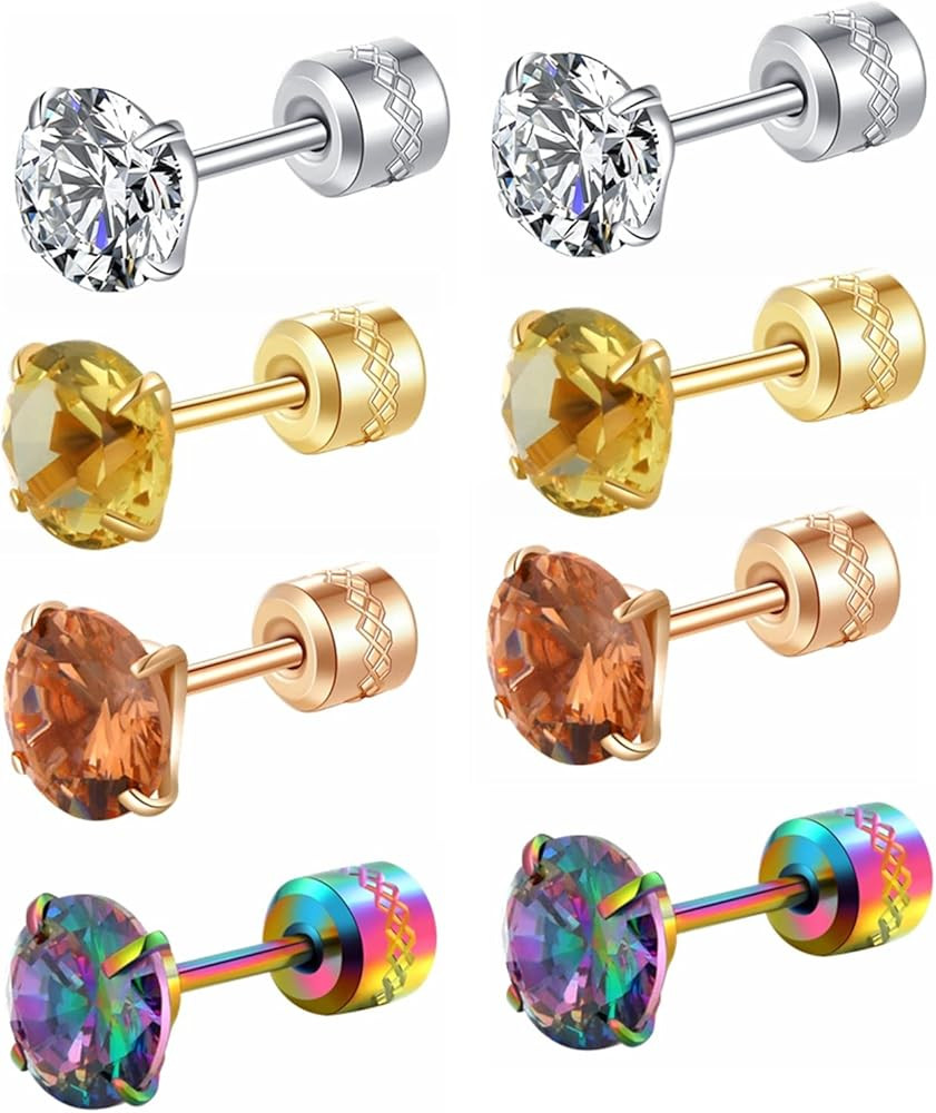 Hopply 4 Pairs Titanium Screw Back Surgical Stainless Steel Earrings for Women Men,Rainbow 5A Cub... | Amazon (US)