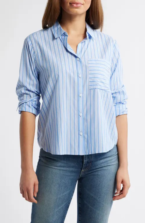 beachlunchlounge Candy Stripe Cotton Blend Button-Up Shirt in Magic Blue at Nordstrom, Size Small | Nordstrom
