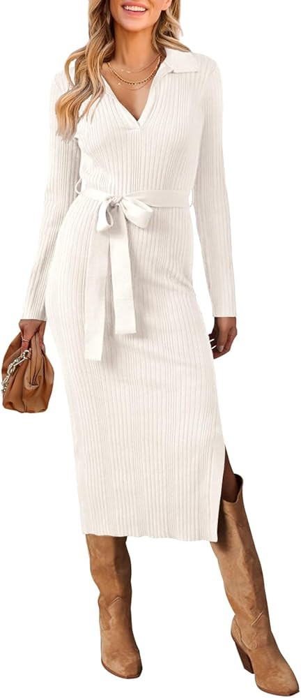 MEROKEETY Women's 2025 Fall Sweater Dress Long Sleeve Collared V Neck Slit Knit Bodycon Midi Dres... | Amazon (US)