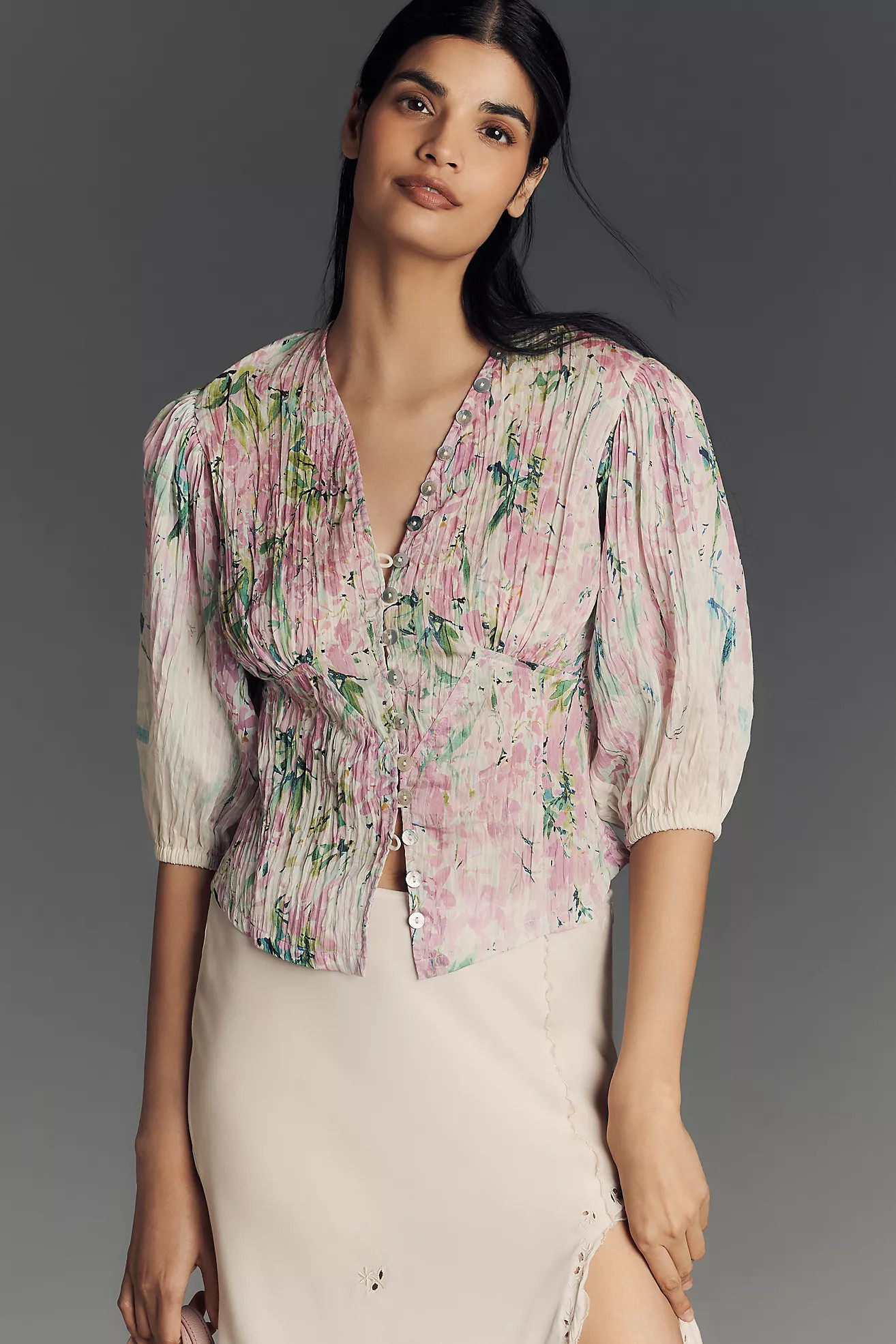 Hope for Flowers by Tracy Reese Linen Blend Puff-Sleeve Corset Blouse | Anthropologie (US)