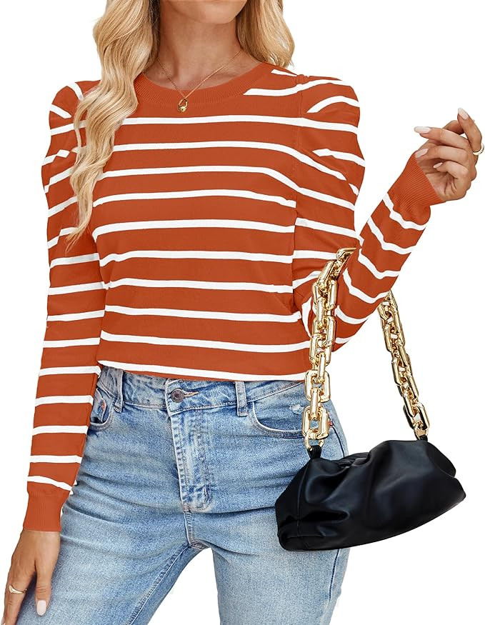 ZESICA Women's Striped Puff Long Sleeve Tops Fall Crewneck Ribbed Knit Casual Pullover Sweaters | Amazon (US)