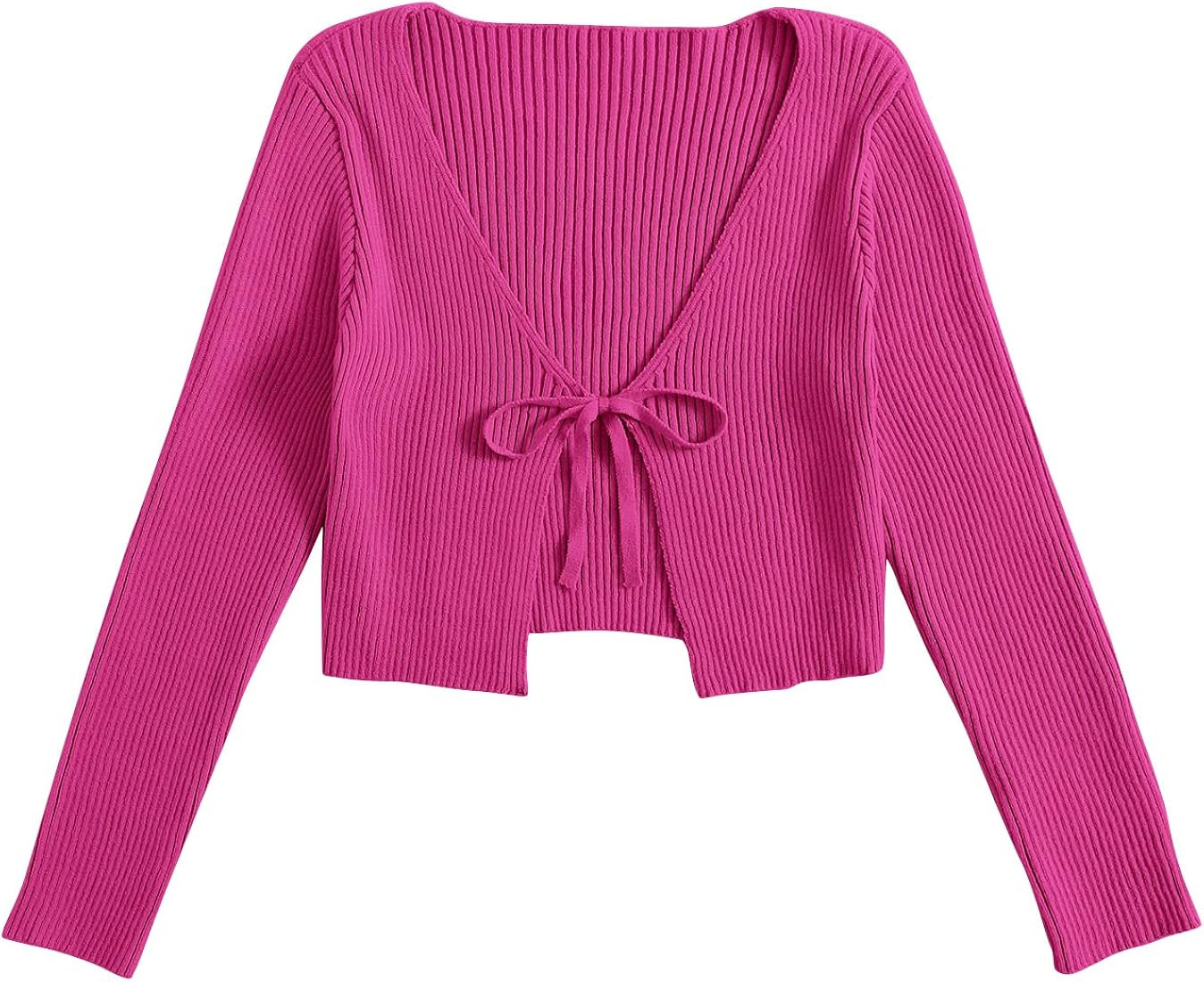 Floerns Women's Tie Front Long Sleeve Rib Knit Shrug Sweaters Cardigan Crop Top | Amazon (US)