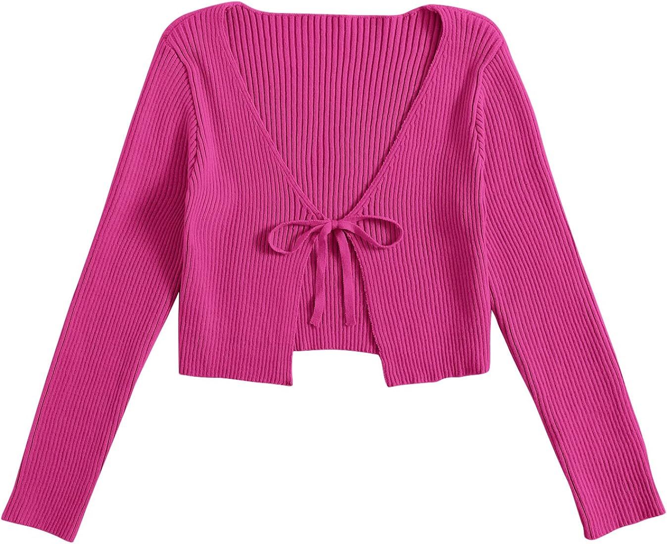Floerns Women's Tie Front Long Sleeve Rib Knit Shrug Sweaters Cardigan Crop Top | Amazon (US)