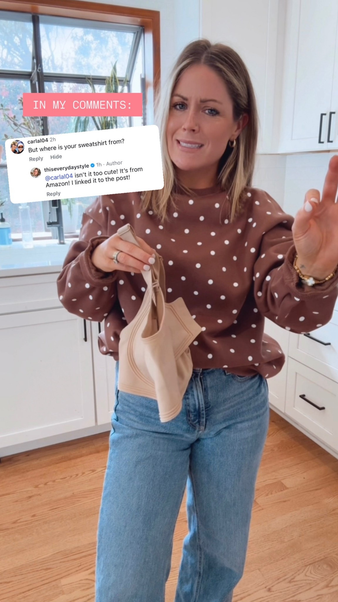 Cutie polka dot sweatshirt from Amazon! On sale under $25. Wearing a S (runs oversized). Just ordered the beige.

#LTKootd #LTKSaleAlert #LTKPetite