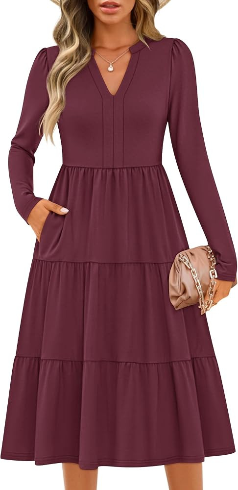 ZESICA Women's Long Sleeve Fall Dresses 2025 Fashion V Neck Casual Loose Ruffle Flowy A Line Tier... | Amazon (US)