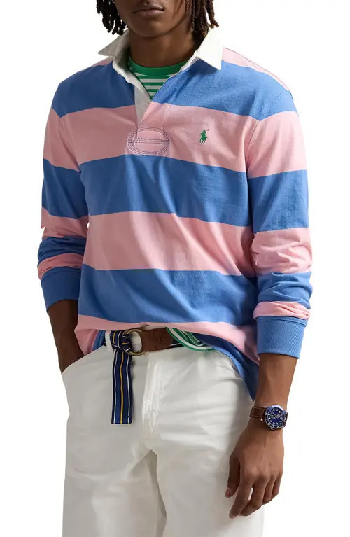 Polo Ralph Lauren The Iconic Rugby Shirt in Garden Pink/New England Blue at Nordstrom, Size Small | Nordstrom