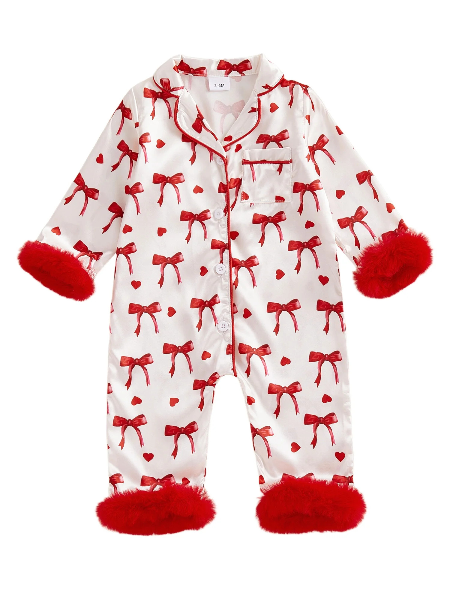 Baby Girl Pajamas Newborn Bow Print Button Down Romper Jumpsuit Furry Trim Nightgown Infant Valen... | Walmart (US)
