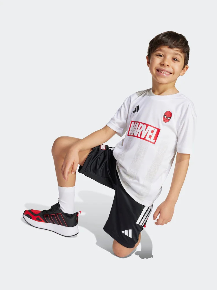 adidas White Off Marvel Spider-Man Infant Kids T-Shirt and Shorts Set | Next US