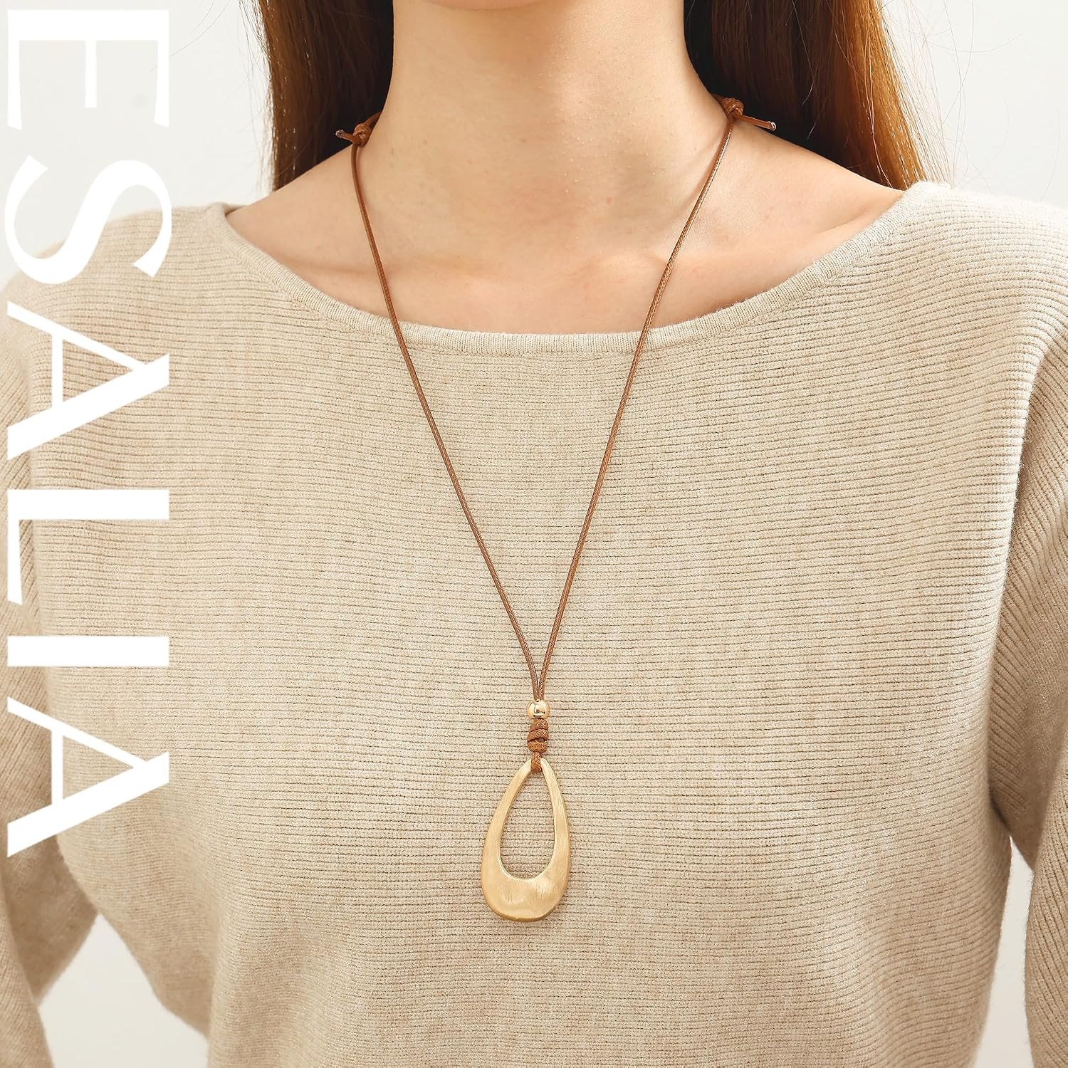 Brushed Gold Plated Classic Teardrop Pendant Long Necklace for Women, Adjustable Length Brown Wax Cord Sweater Chain Fashion Jewelry Gifts | Amazon (US)