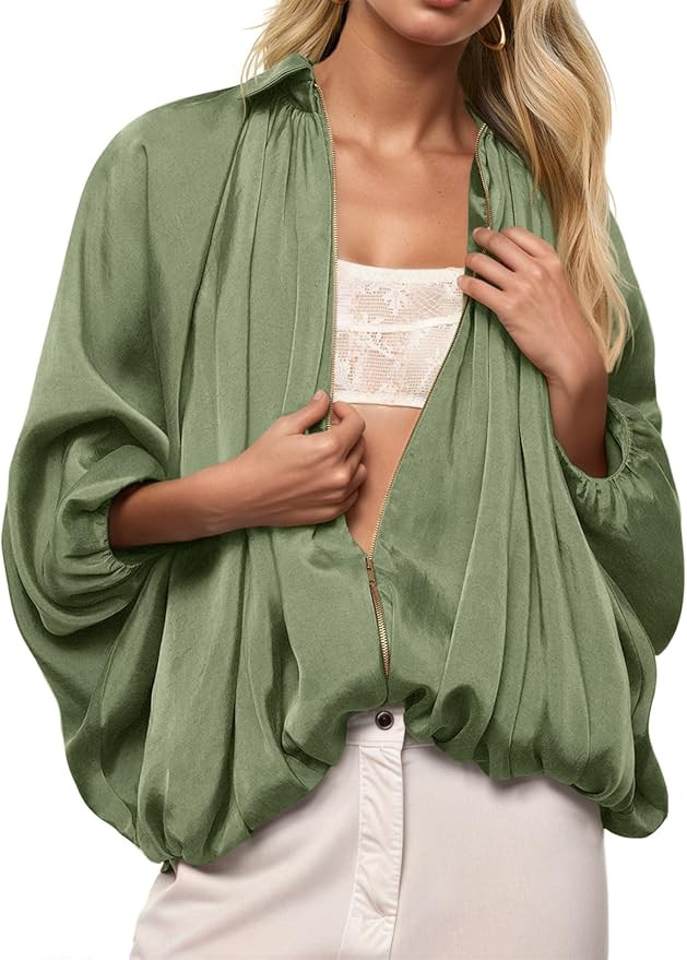 Tankaneo Womens Bomber Jackets Oversized Batwing Sleeve Zip Up Puffed Jacket Lapel Collar Pleated... | Amazon (US)