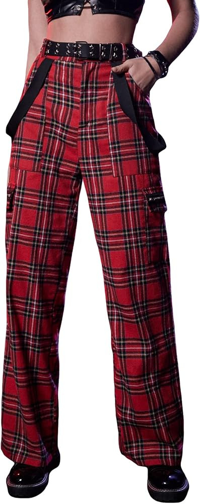 WDIRARA Women's Y2k Plaid Print Elastic Waist Fashion Straight Leg Pants Trousers | Amazon (US)