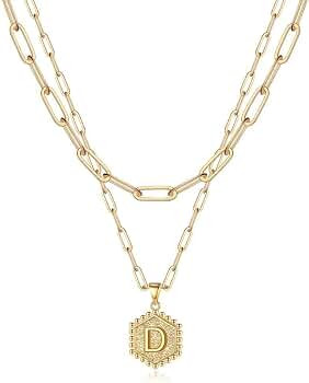 Dainty Layered Initial Necklaces for Women, 14K Gold Plated Paperclip Chain Necklace Simple Cute ... | Amazon (US)