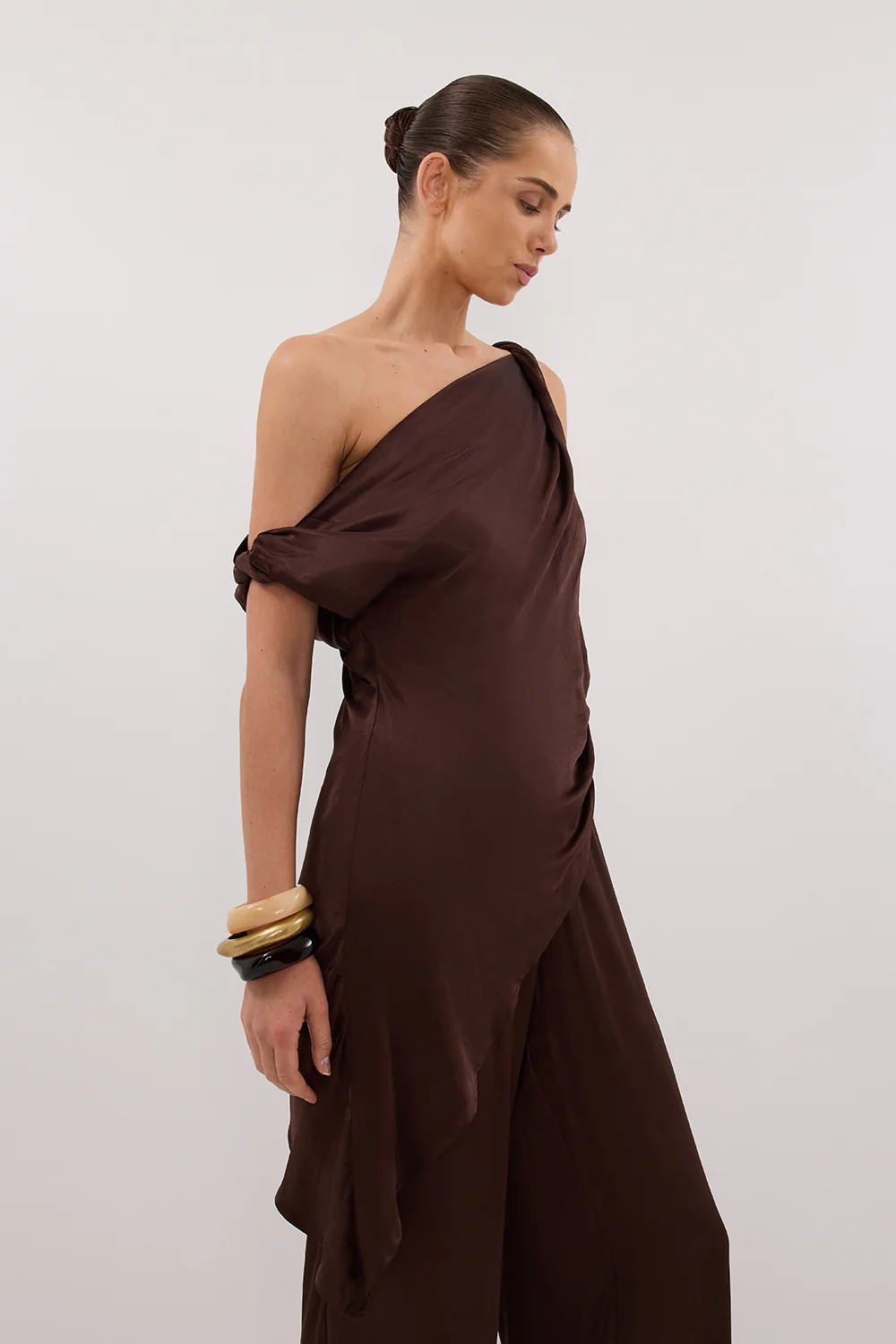 EVE BITTER CHOC ASYM SATIN TOP | DISSH