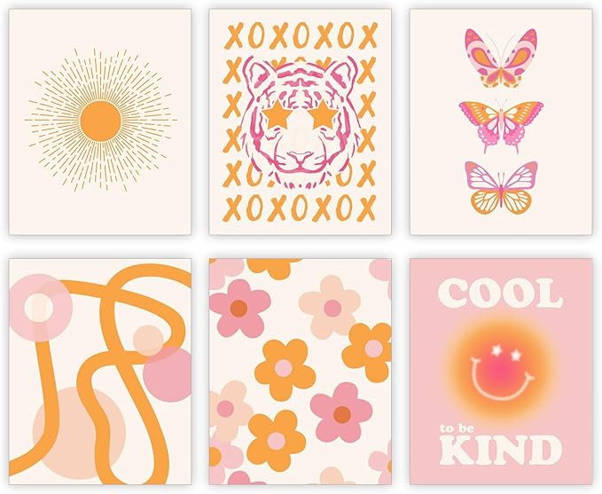 Pink and Orange Wall Art Preppy Room Decor Aesthetic Posters 70s Decor Trendy College Dorm Decora... | Amazon (US)