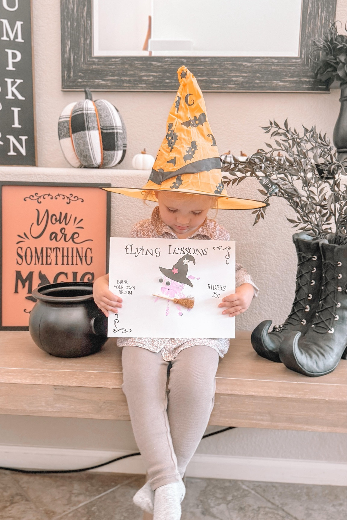 Flying lessons witch craft 🧙 Looking for a last minute Halloween craft for kids? This easy kid-friendly craft is hauntingly cute 🧹 and so easy to make:⁣
⁣
1. Prep the page with FLYING LESSONS, BRING YOUR OWN BROOM and PRICE INFO ⁣text
2. Upside down handprint with paint ⁣
3. Add hat, broom and eyes ⁣- Broom, eyes and hats tagged in LTK 🛒 or comment WITCH for details. ⁣
⁣
Volunteering for the girls Halloween parties next week and can’t wait for the kids to create their own flying lesson posters 🧙 
⁣
#kidcrafts #toddlerhalloweencrafts #witchcrafting #toddlercraft #spookycraft #halloweencraftforkids #halloweencraftfortoddlers #preschoolcraft #craftinspo #azmom #scottsdalemom #momsofinstagram #momhack #parenthacks #momsofinstagram #arizonamoms #toddlerfun