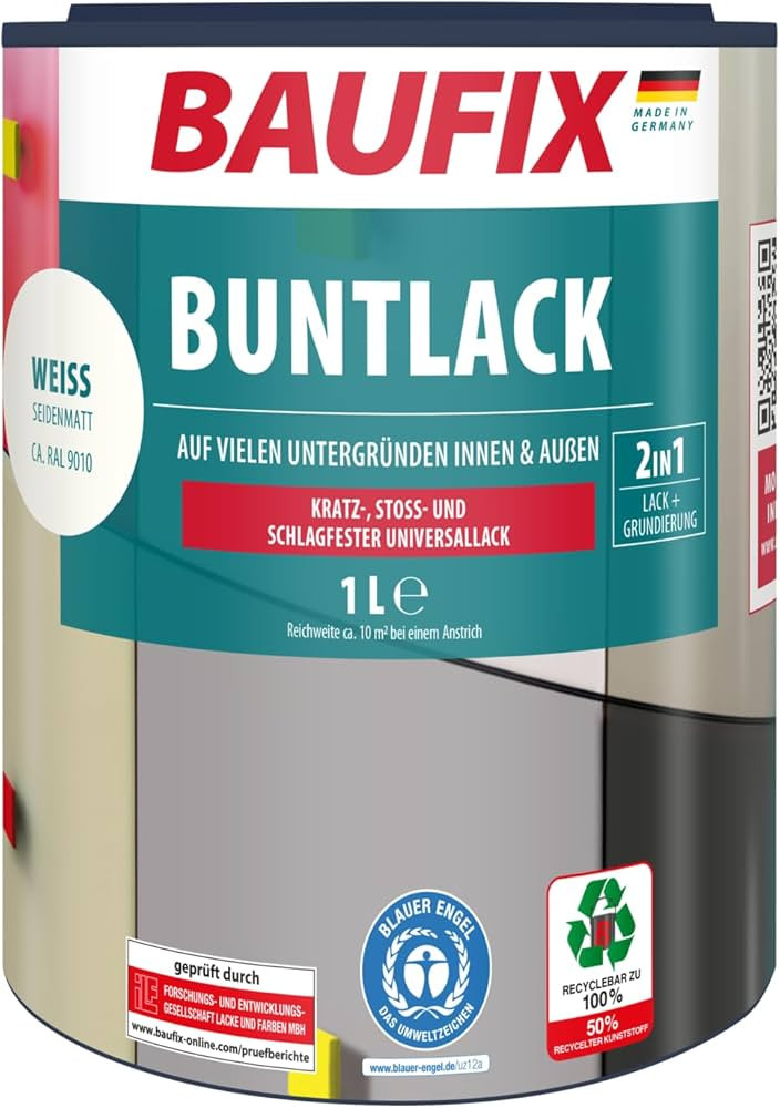 BAUFIX Buntlack weiss, seidenmatt, 1 Liter, Lackfarbe, wasserverdünnbar, für innen & außen, ge... | Amazon (DE)