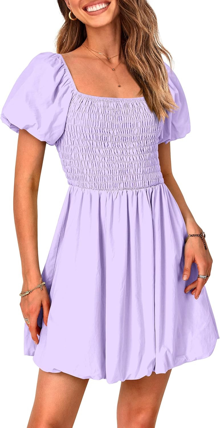 KIRUNDO 2023 Women's Summer Square Neck Smocked Puff Sleeve Mini Dress Off Shoulder Ruffle A-Line... | Amazon (US)