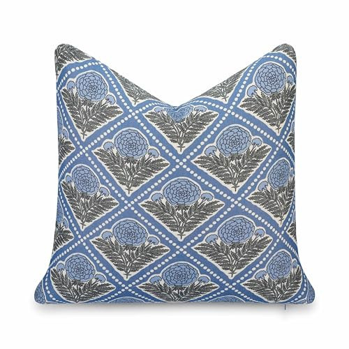 Crumbs Home California Casual Coastal Indoor Outdoor Throw Pillow Cover, 20"x20" Water Repellent for Patio, Backyard, Couch, Azure Light Blue Block Print Vintage Hydrangea Flowers | Amazon (US)