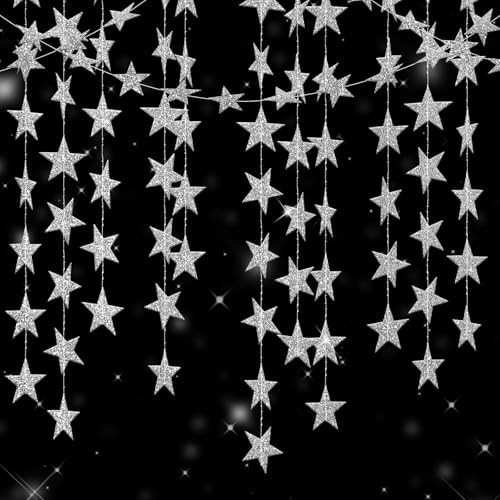 jijAcraft Glitter Silver Star Garland Decorations Hanging Garands Banner Backdrop, 2.7 inch Star Party Decoration for Birthday Baby Shower Wedding Kids Room Ramadan EID Graduation Decor (52 Feet) | Amazon (US)