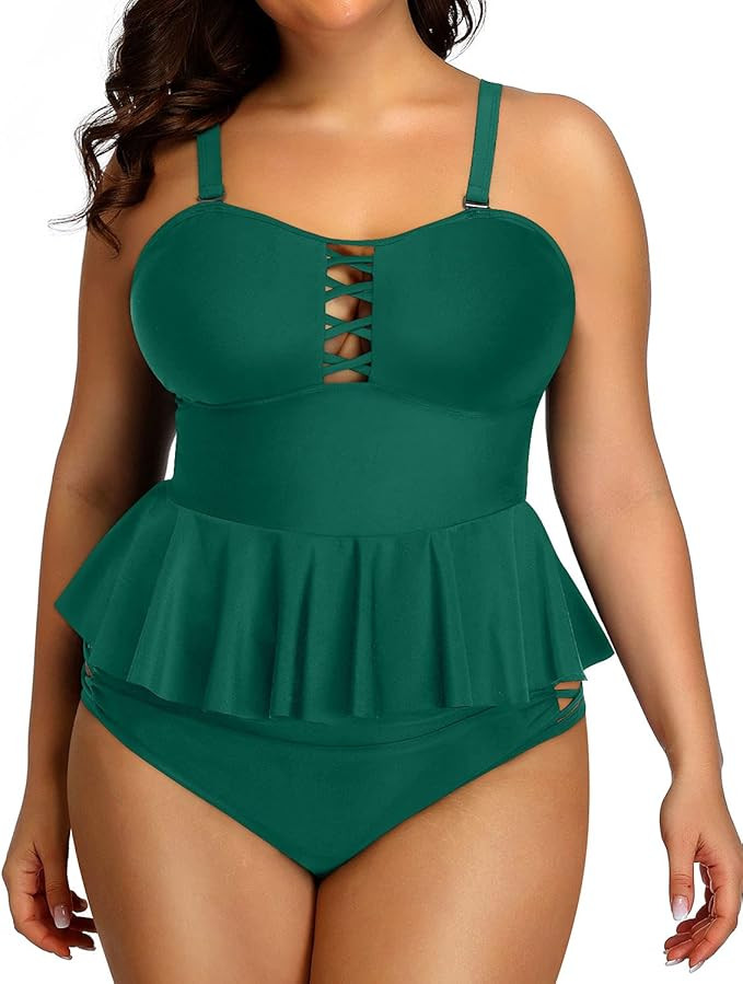 Yonique Plus Size Swimsuits for Women Tummy Control Two Piece Bathing Suits Peplum Tankini Tops H... | Amazon (US)