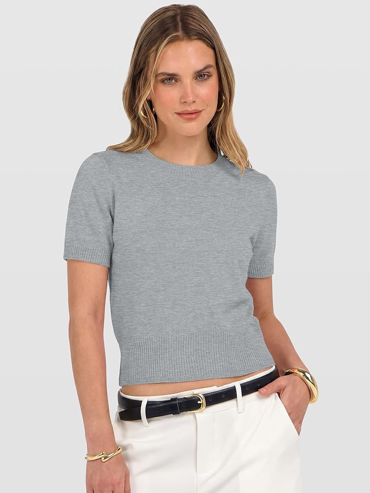 ANRABESS Womens Short Sleeve Sweaters Cropped Crew Neck Business Casual Lightweight Sweater Tops ... | Amazon (US)