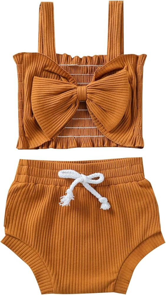 Toddler Girl Clothes Ribbed Bow Halter Crop Top Cute Tank Tops Rainbow Bloomers Shorts Baby Girl Sum | Amazon (US)