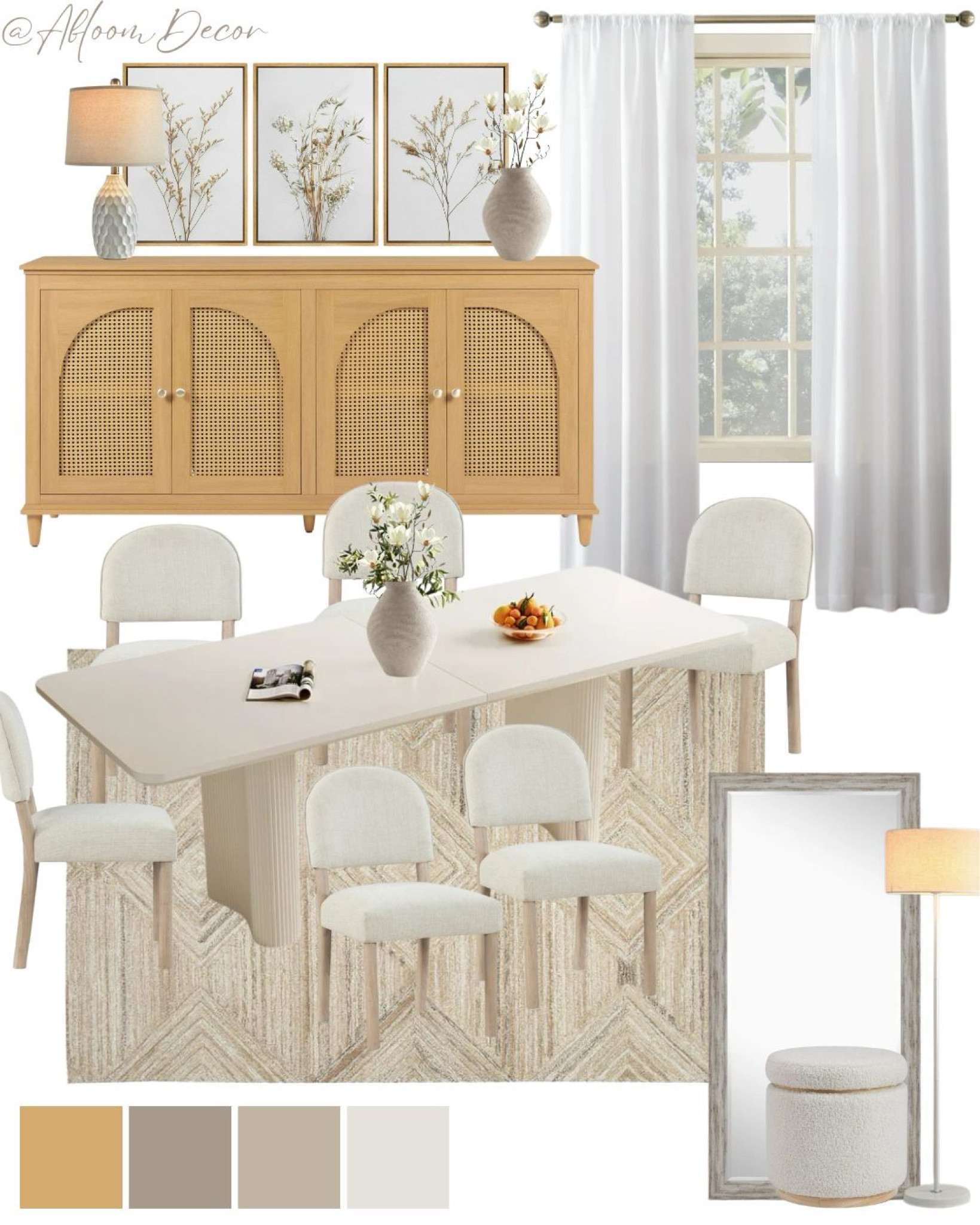 This dining room design has a neutral palette and natural textures. The rattan sideboard paired with a sleek dining table and cozy upholstered chairs creates a welcoming space for gathering and dining.

#LTKHome