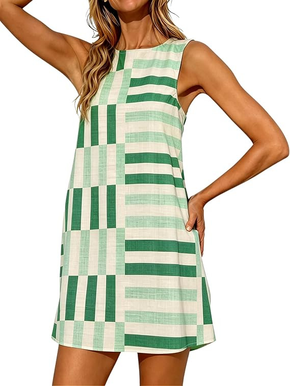 Womens Summer Boho A-Line Mini Dress Casual Color Block Sundress Sleeveless Beach Vacation Coveru... | Amazon (US)