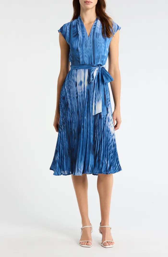 Printed Plissé Tie Waist Midi Dress | Nordstrom