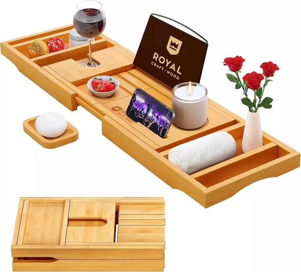 Gardner Bamboo Bathtub Tray - Wood Bath Caddy with Extended Sides for Bath  Accessories