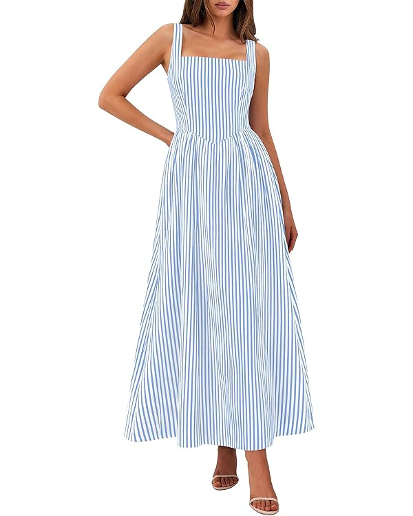 PRETTYGARDEN Women's Maxi Dress Summer Striped Sundress 2026 Spring Smocked A Line Long Flowy Bea... | Amazon (US)