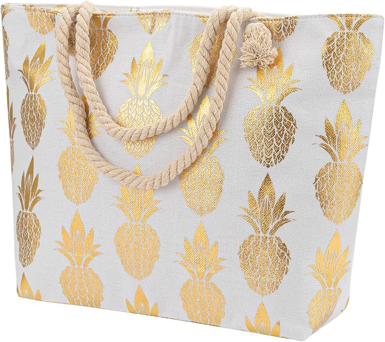 Large Women Canvas Tote Beach Bag Pineapple Print Inner Zipper Pocket Travel | Amazon (US)