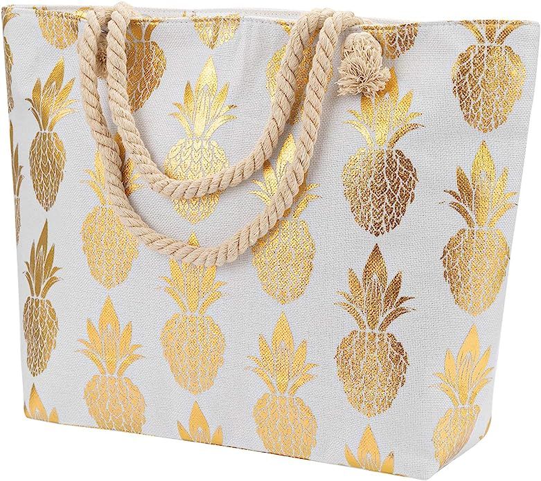 Large Women Canvas Tote Beach Bag Pineapple Print Inner Zipper Pocket Travel | Amazon (US)