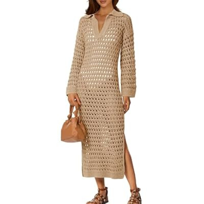 Saodimallsu Womens Crochet Swimsuit Cover Up V Neck Collared Long Sleeve Mesh Knit… | Amazon (US)