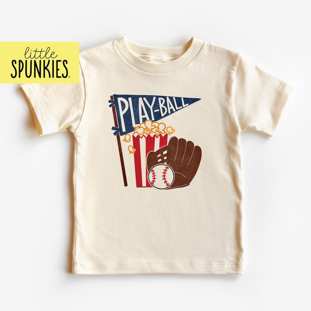 Vintage Sports Fan Shirt, Play Ball With Popcorn and Mitt, Natural T-shirt, Baseball Themed Graph... | Etsy (US)
