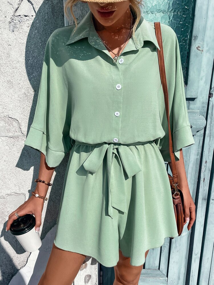 Batwing Sleeve Belted Shirt Romper | SHEIN