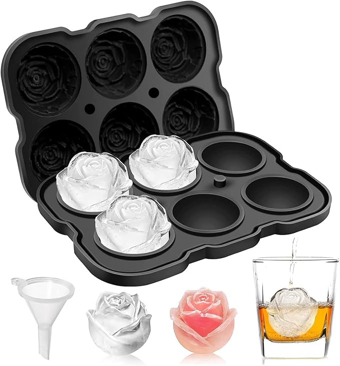Ice Cube Tray, Mikiwon 2 inch Rose Ice Cube Trays With Covers, 6 Cavity Silicone Rose Ice Ball Ma... | Amazon (US)