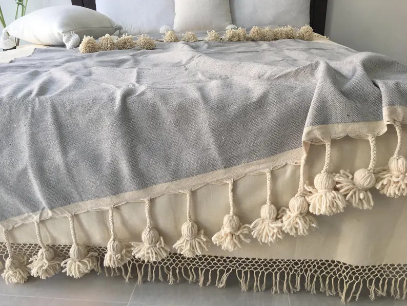 Super Tassel blanket Grey ,Cotton Blanket and throw with braided tassels loomed by hand for Eclec... | Etsy (US)
